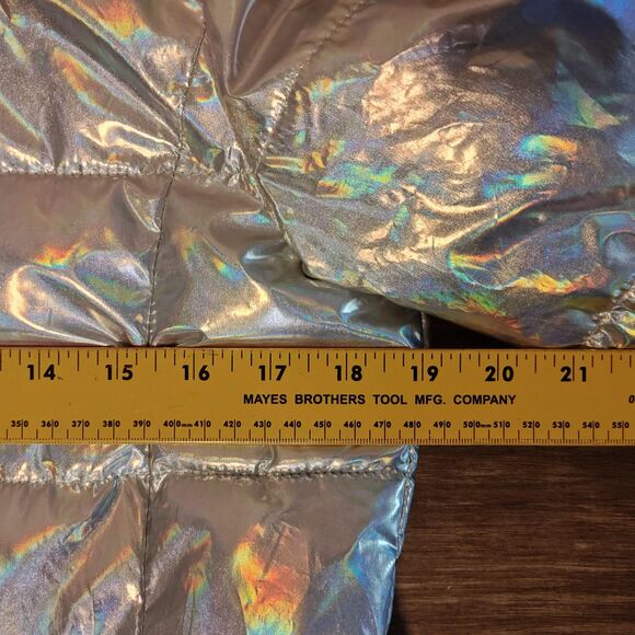 Forever 21 Jacket Womens Medium Silver Holographic Puffer Quilted Zip Pockets - Picture 10 of 13